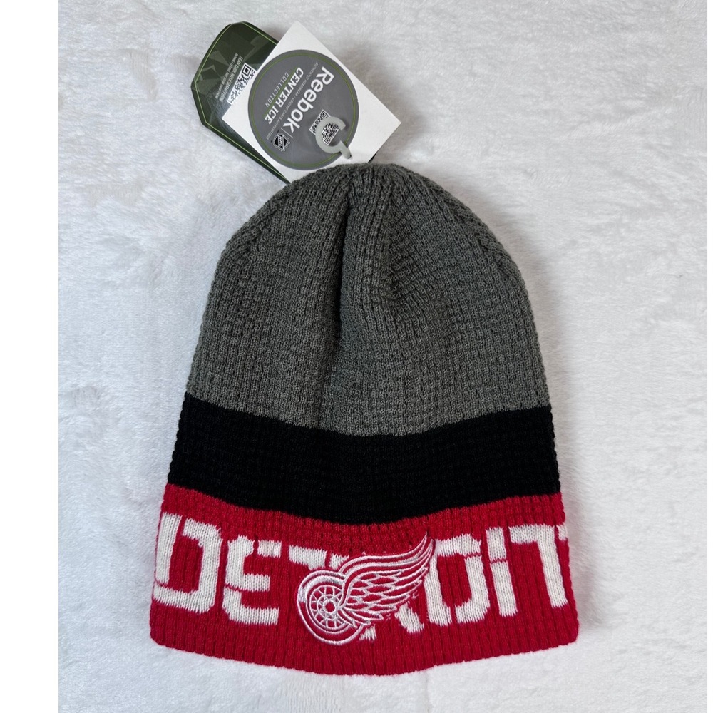 NWT Reebok Detroit Red Wings NHL Center Ice Knit Beanie Hat Grey Red Black